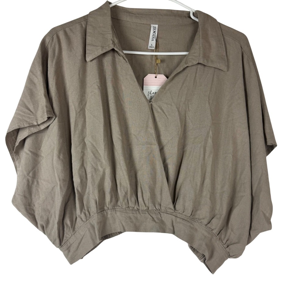 Zenana‎ Womens Taupe Brown Collared Short Sleeve Cropped Top Large Boho Flowy